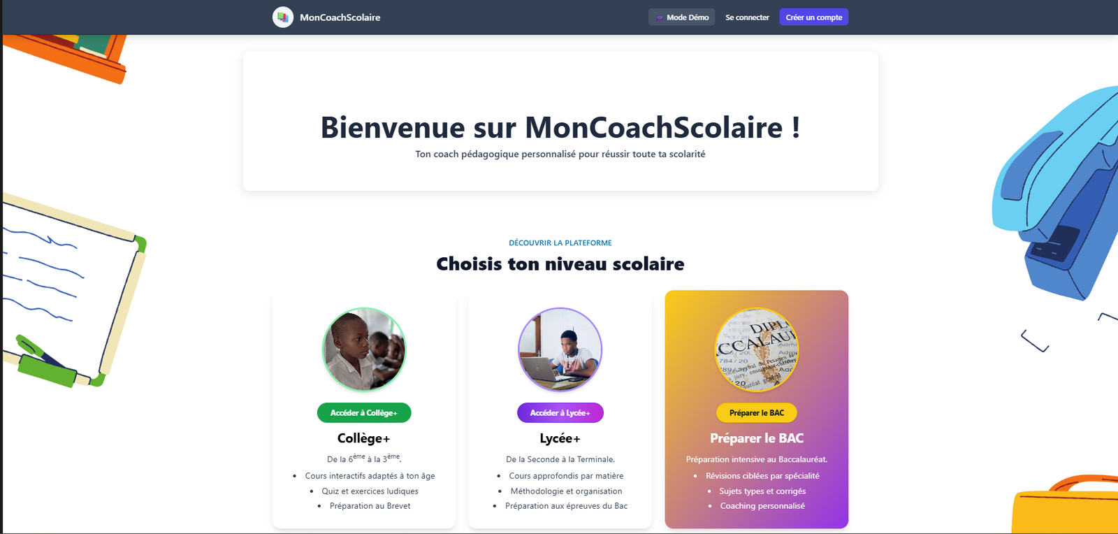 Accueil MonCoachScolaire : choix du niveau Collège, Lycée ou BAC