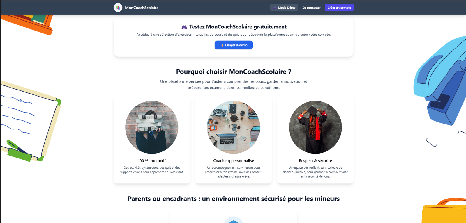 MonCoachScolaire : mode démo et arguments de la plateforme